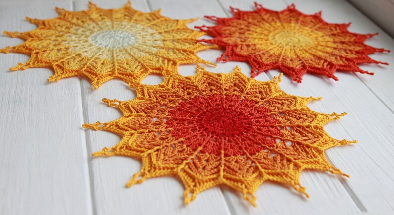 3D crochet doily in Yellow tones Small sun 7 inch Rustic style Decor of a children/'s room or dining room.