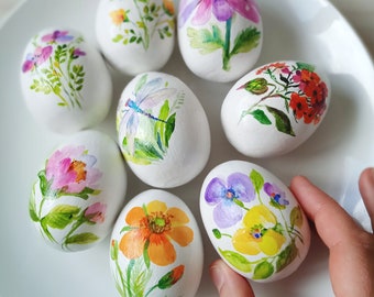 Set of 8 pcs of wooden eggs with botanical painting. Flowers, dragonfly. 2 1/2 inches