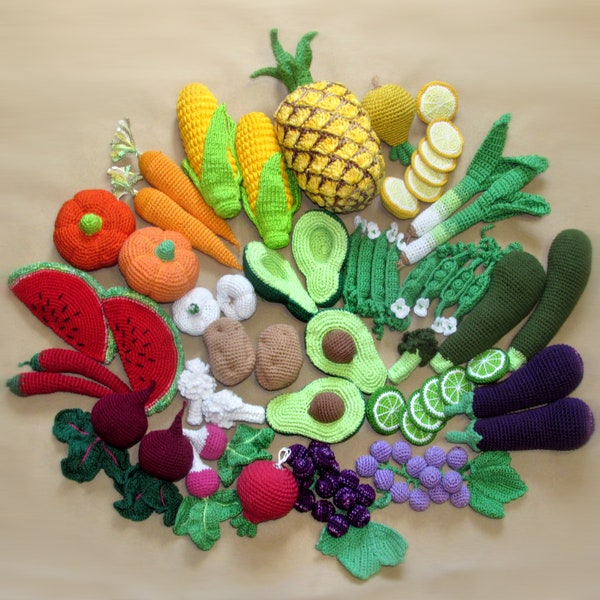 Any 5/10/15/20pcs Set Crochet fruit and vegetables Kids Play Amigurumi food Eco friendly toy - grandkids toddler kitchen gift Waldorf