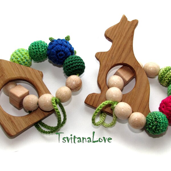 Wooden teether Berry (House or Kangaroo) Raspberry or Blackberries, Pink or Blue - Crochet cotton First baby Teething ring Toy Newborn Gift