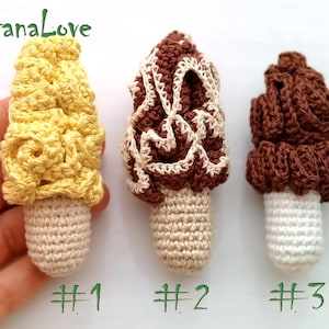 3 odmiany grzybów smardzowych (1 szt.+). Pluszowe jedzenie do zabawy - Realistyczne szydełkowe amigurumi - Jadalne grzyby - Dekoracja kuchni