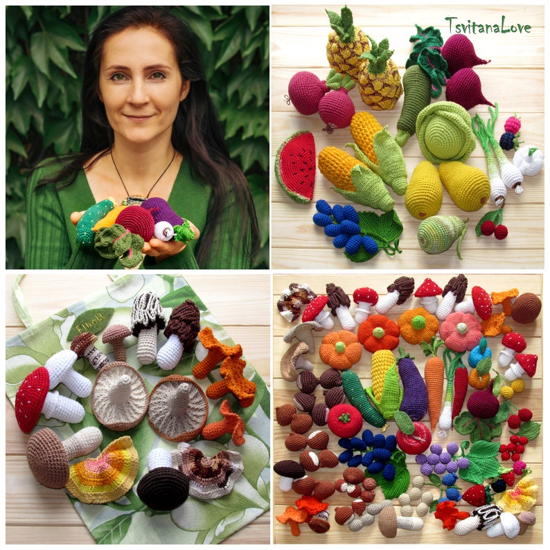 May include: A collection of crocheted fruits, vegetables, and mushrooms. The crocheted items are arranged on a wooden surface and a green fabric surface. The crocheted items include a pineapple, watermelon, grapes, corn, pear, mushrooms, carrots, and a variety of other fruits and vegetables.