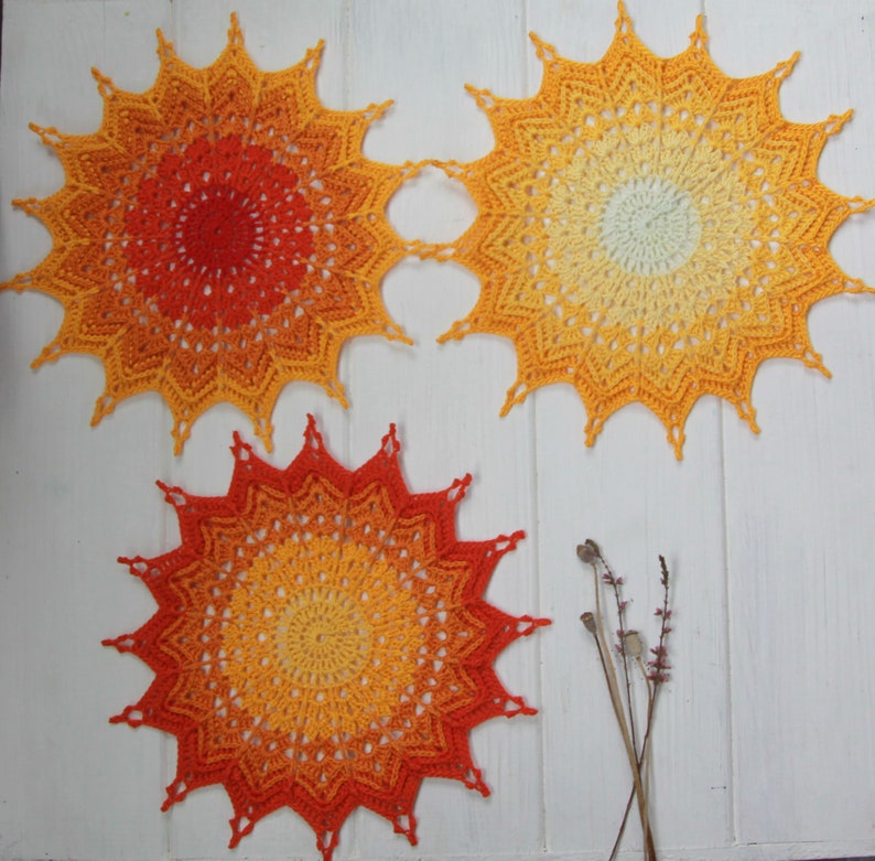 3D crochet doily in Yellow tones Small sun 7 inch Rustic style Decor of a children/'s room or dining room.