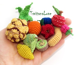 10 pcs Doll food Mini crochet fruits set - Play kitchen - Pretend food - Miniatures fruit - Vegan Eco friendly toy - Doll house decor