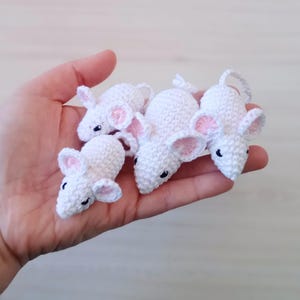 Könnte beinhalten: Vier weiße gehäkelte Mäuse mit rosa Ohren und schwarzen Augen. Die Mäuse sind in einer Hand angeordnet, wobei die größte Maus in der Mitte liegt.