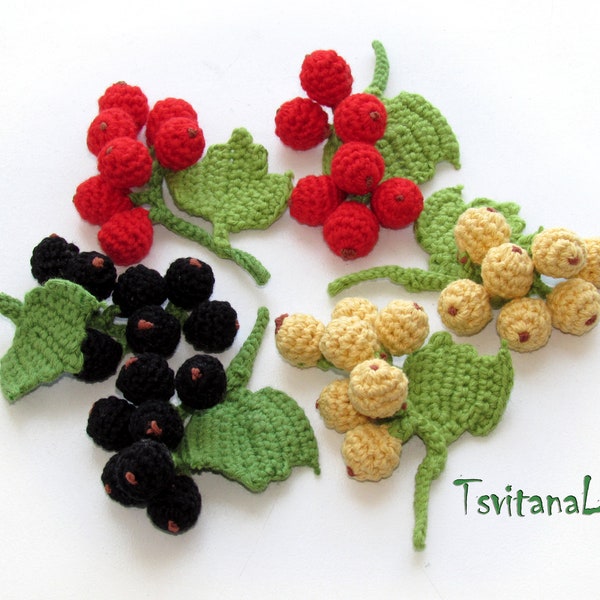 Crochet berries red, black, yellow Currant with leaf - Cotton yarn, wooden beads inside. Only natural materials