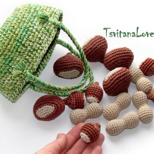 Crochet Peanut, hazelnut, сhestnut - Forest play set Nuts + basket - autumn Eco Friendly toy - Crochet play food - garden - stuffed nuts