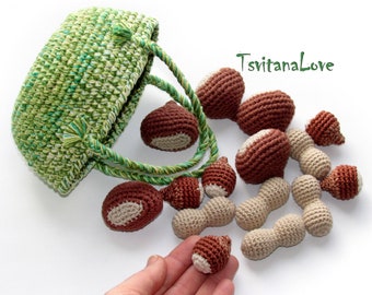 Crochet Peanut, hazelnut, сhestnut - Forest play set Nuts + basket - autumn Eco Friendly toy - Crochet play food - garden - stuffed nuts