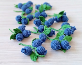 1 pc+ bunch of crochet blueberries. 3 berries and 3 leaves each - stuffed berries - Eco friendly. Cotton yarn. Inside are wooden beads.