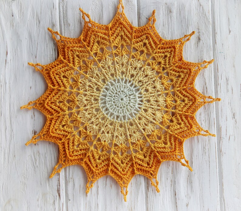 3D crochet doily in Yellow tones Small sun 7 inch Rustic style Decor of a children/'s room or dining room.