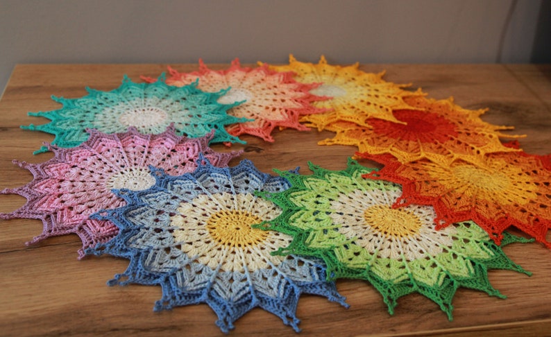 3D crochet doily in Yellow tones Small sun 7 inch Rustic style Decor of a children/'s room or dining room.