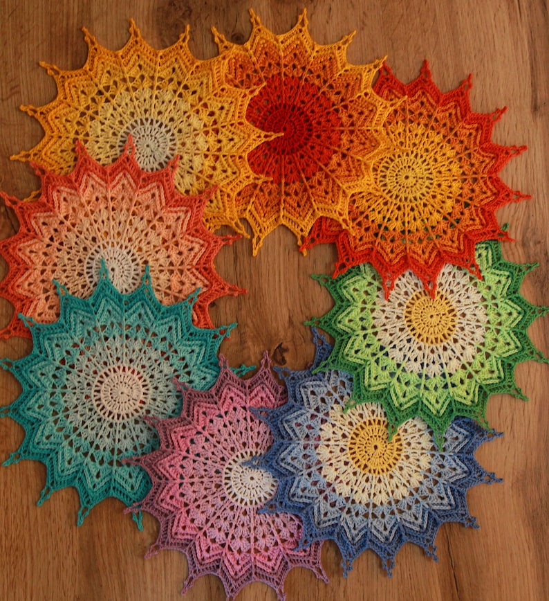 3D crochet doily in Yellow tones Small sun 7 inch Rustic style Decor of a children/'s room or dining room.