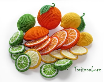 Crochet Fruit - lime/ lemon/ orange slice (6 pcs+) kitchen play set - play kitchen - tea party toy set - toy fruit - Play food Waldorf Gift