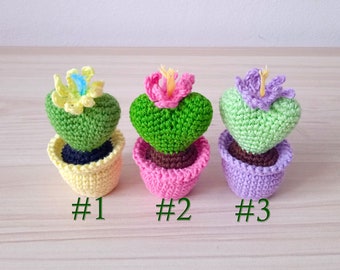 Crochet heart-shaped cactuses from cotton. The filler is wool. Any of three, or a set of 3 pcs.