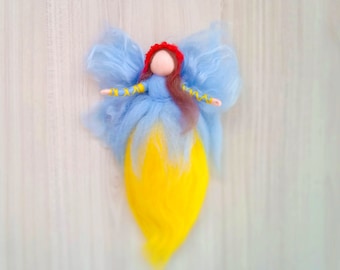 Wool Needle felted fairy. Fairy spring. Ukrainian fairy. Yellow-blue color. 7 inches