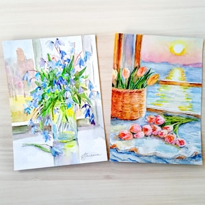 Due bouquet primaverili alla finestra. Disegno ad acquerello su carta. 18x13 cm. Un dipinto o entrambi, a scelta.
