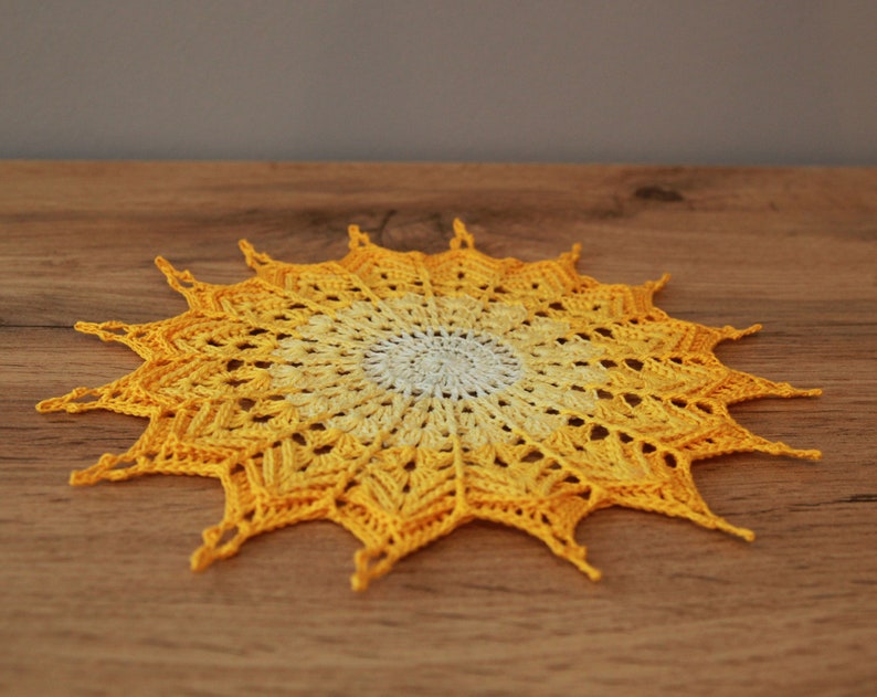 3D crochet doily in Yellow tones Small sun 7 inch Rustic style Decor of a children/'s room or dining room.