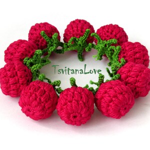 K&ouml;nnte beinhalten: Ein Kreis aus geh&auml;kelten Himbeer-f&ouml;rmigen Ornamenten in leuchtend pink mit gr&uuml;nen geh&auml;kelten Bl&auml;ttern. Der Text "TsvitanaLove" ist in der Mitte des Kreises sichtbar.