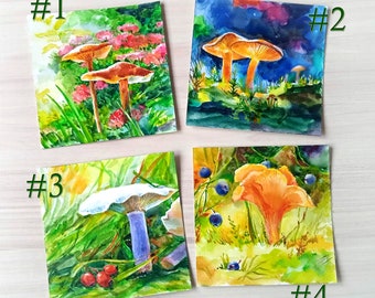 Drawing with watercolor on paper. 5.5x5.5 inches. Forest mushrooms
