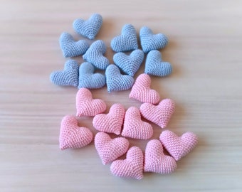 Crochet Hearts in pastel colors (light pink and light blue) made from cotton yarn. Wool filler. 2 inches. Love and peace