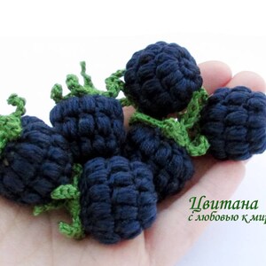 K&ouml;nnte beinhalten: Eine Hand h&auml;lt eine Gruppe geh&auml;kelter Brombeeren. Die Brombeeren sind aus dunkelblauem Garn gefertigt und haben gr&uuml;ne geh&auml;kelte Bl&auml;tter. Der Text "Цвитана с любовью к миру" ist in der rechten unteren Ecke des Bildes sichtbar.