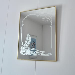 Vintage Retro Small Gold Framed Decorative Wall Mirror. Printed Etched Graphic Mirror. Sailboat Sea Birds Decor Rectangular Hanging Mirror.