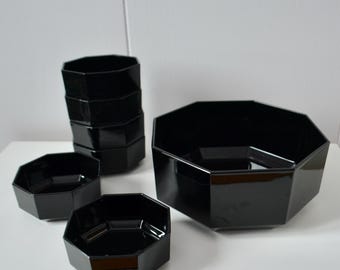 Vintage 80s Black Glass Salad Serving Set. French Arcoroc Octime Black Bowls Set. Made in France Octogonal Black Glass Tableware