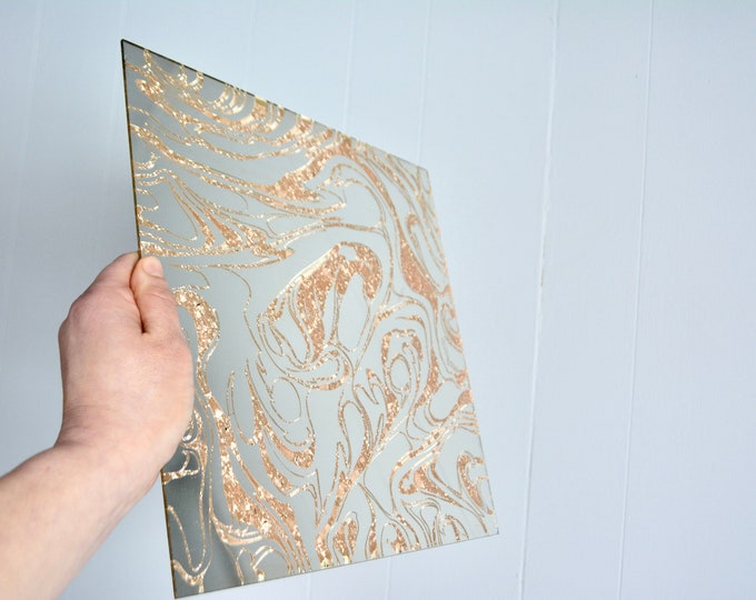 Vintage 70s Mid Century Modern Gold Veined Glass Mirror Tiles. Bronze