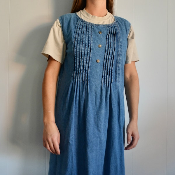 Vintage 90s Denim Sleeveless Jumper Dress. Women Medium Jean Jumper Long Dress. 1990 Sleeveless Midi Denim Tank Dress. Medium Wash Denim