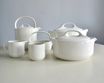 Vintage Postmodern White Midwinter "Style" White Covered Vegetable Serving Dish Set. Vintage 80s Art Deco Midwinter Teapot Sugar Creamer