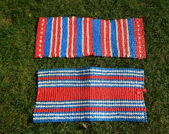 Vintage Plastic Woven Door Mat. Blue White Red Striped Plastic Floor Rug. Handmade Folk Art Retro Door Mat. Handmade 70s Upcycled Woven Rug.