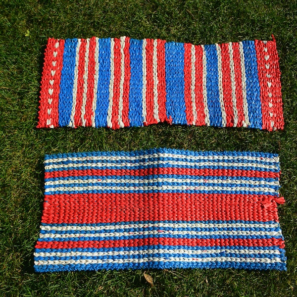 Vintage Plastic Woven Door Mat. Blue White Red Striped Plastic Floor Rug. Handmade Folk Art Retro Door Mat. Handmade 70s Upcycled Woven Rug.