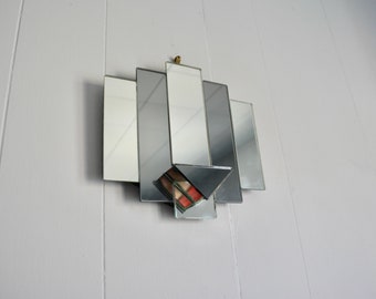 Vintage 1980s Retro Small Smoked Slat Wall Mirror. Postmodern Skyscraper Multi Panels Decorative Accent Mirror. Geometric 80s Wall Mirror