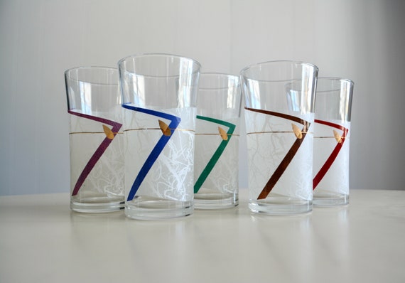 Vintage Set of 5 Modern Retro Cocktail Glasses. MCM Kitsch Barware