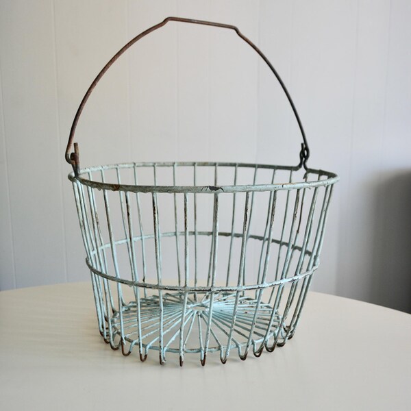 Vintage Wire Blue Vinyl Coated Egg Basket Top Handle. Metal Farmhouse Decor Basket. Cottage Kitchen Rusty Distressed Decor Storage Basket