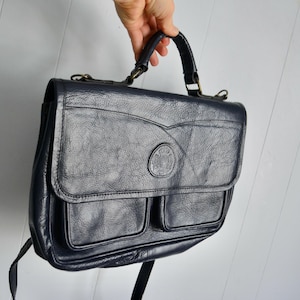 Vintage Navy Blue Grinta Montreal Leather Bag. 70s 80s Designer Purse. Leather Crossbody Bag Shoulder Bag with Pockets. Leather Handled Bag
