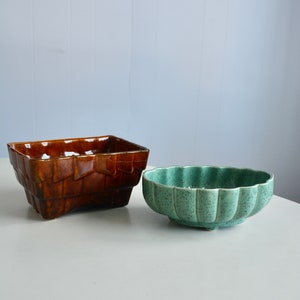 Vintage 60s 70s Brown Green Rectangular Ceramic Planter. McCoy Style MCM 907 USA Pattern. Retro Indoor Basket Ceramic Planters Set of Two