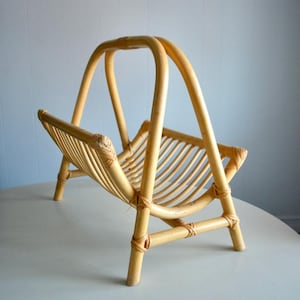 Vintage 70s Rattan Bamboo Wooden Magazine Rack. 1970 Rattan Newspaper Holder. Retro Rattan Wood Large Magazine Holder. Boho Decor Bamboo