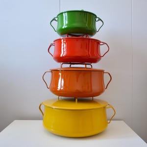 Vintage Dansk Kobenstyle 7Qt Yellow, 5Qt Orange, 3Qt Red, 2Qt Green Enamel Casserole Dish. Dutch Oven Enamel Pots Jens Quistgaard Design.
