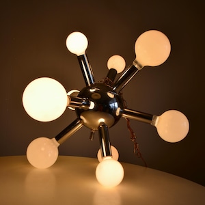 Vintage Space Age Chrome Tubular 9 Arms Sputnik Chandelier Pendant Lamp. Retro Mid Century Chrome Lighting. 60s 70s Large Accent Lighting