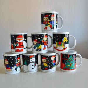 Vintage 1991 Miyazaki Creates Christmas Mugs Tea Ceramic Mugs Set of 8. Kitchen 90s Decor Novelty Japan Graphic Design Postmodern Mug Set