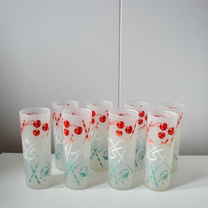 Vintage Large Set of 8 Tall Frosted Tom Collins 16 oz Cherry Festive Tumblers. Mid Century Retro Barware. Drinking Glasses Cocktail Set