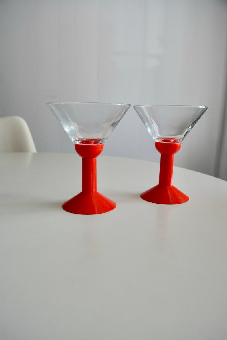 Vintage 80s Set of 2 Oktett Bodum Martini Plastic and Glass Drinkware. 1980 Plastic Stems Wine Glasses