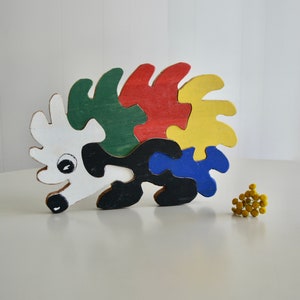 Vintage Folk Art Handmade Porcupine Hedgehog Wooden Kid Puzzle. Folk Art Primitive Wood Children Toy Hand Painted Puzzle. Wood Cut Puzzle