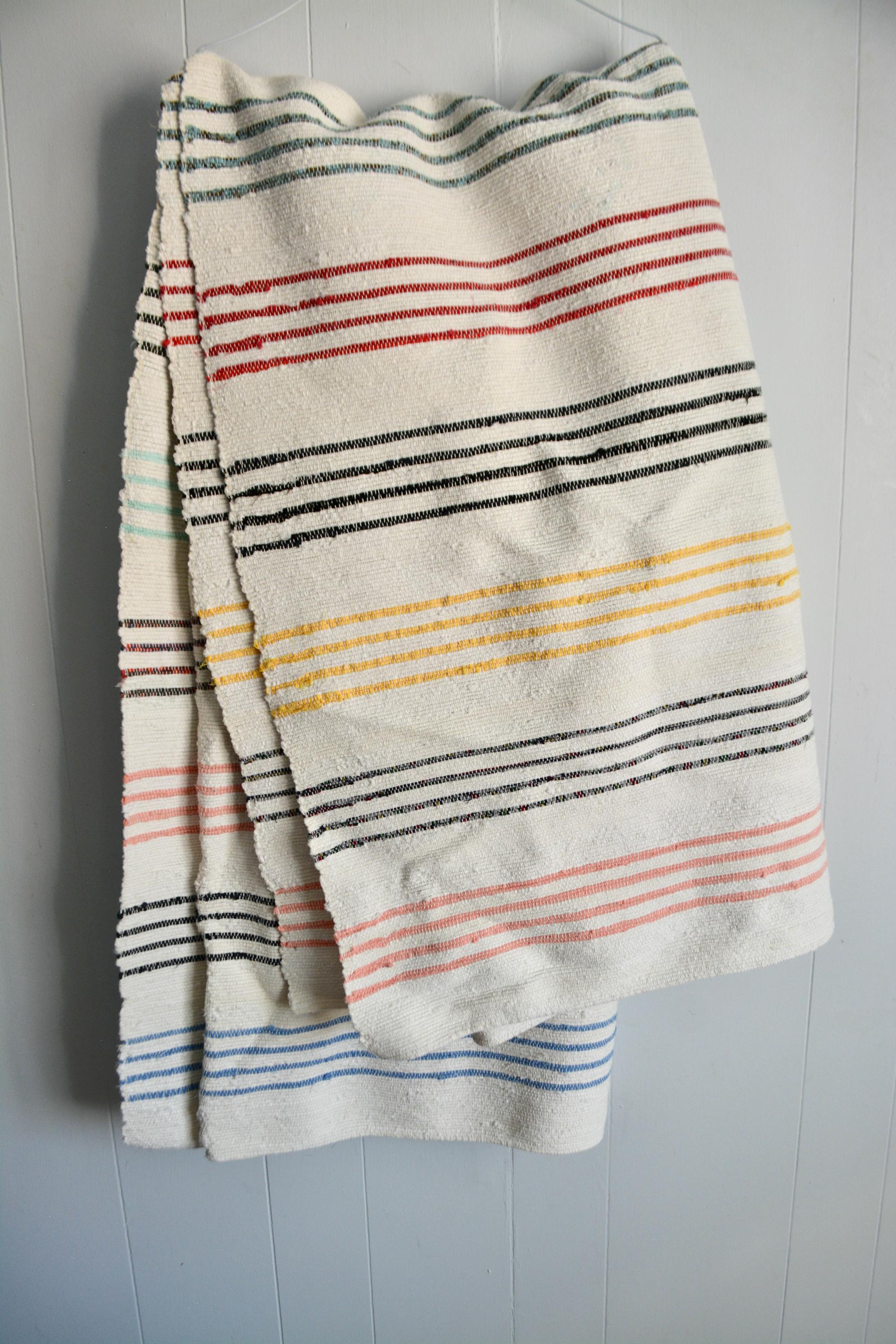 Vintage Traditional Rag Woven Striped Blanket. Double Bed Size Handmade Catalogne Handwoven Cotton Bedspread. Antique Candy Stripes Blanket.
