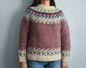 Vintage Nordic Made in Iceland Medium Knit Wool Sweater. Vieux Rose Prune Pink Fair Isle Knit Pullover Sweater. Hilda Ltd Pink Ski Sweater