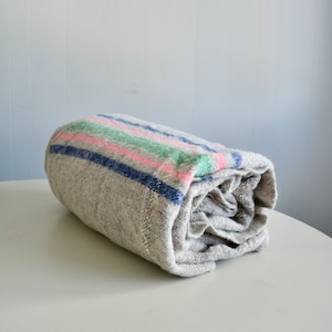 Vintage Mid Century Medium Size Wool Blanket. Gray Wool with Blue Green Pink Stripes Natural Wool Throw Blanket. Striped Wool Cabin Blanket