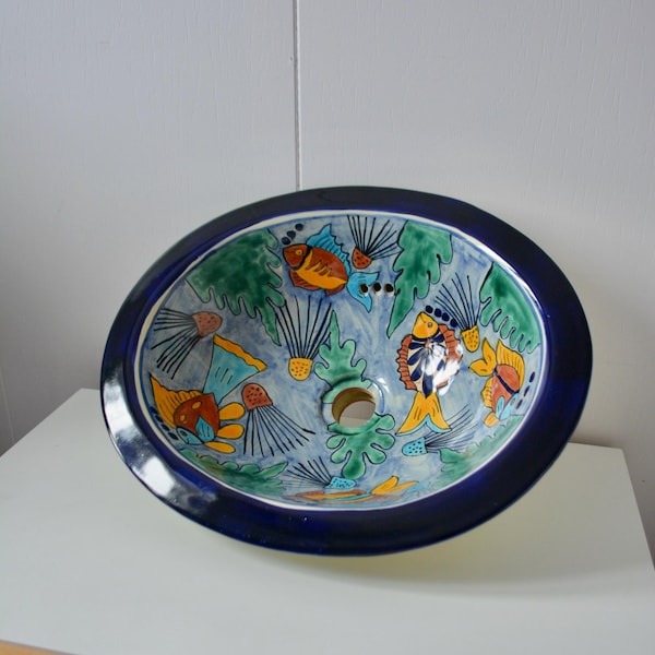Vintage Hecho in Mexico TALAVERA Handmade Ceramic Sink with Fish Design. Drop in or Undermount Mexican Bathroom Ceramic Bassin Sink