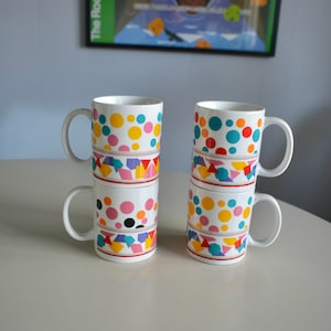Vintage Set of 80s Geometric Pattern Memphis Style Retro Mugs. 1980 Set of 4 White Pink Turquoise Design Coffee Tea Mugs. 90s Mug Set