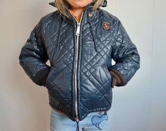 Vintage Kids Puffy Ski Jacket. Marine Blue Hooded Zippered 4T 5T Puffer Quilted Warm Coat. Unisex Children Winter Tufted Sportswear Jacket